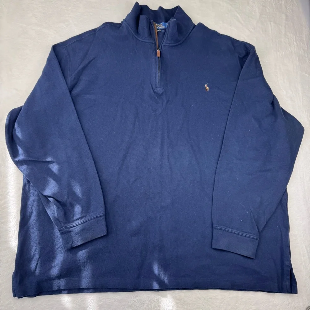 Polo Ralph Lauren quarter-zip pullover sweater in navy blue. Men’s size 4XLT.